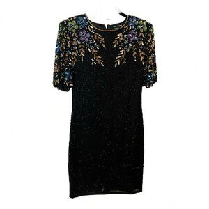 Vintage 80s Serenade Dress Womens Black Silk Beaded Figure Skating Dance Party